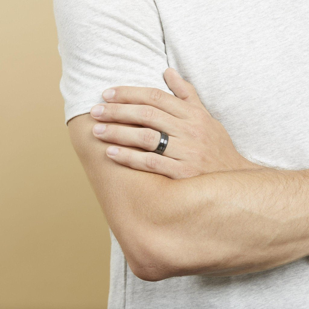 mens black ceramic wedding band with deep grooved center 8mm