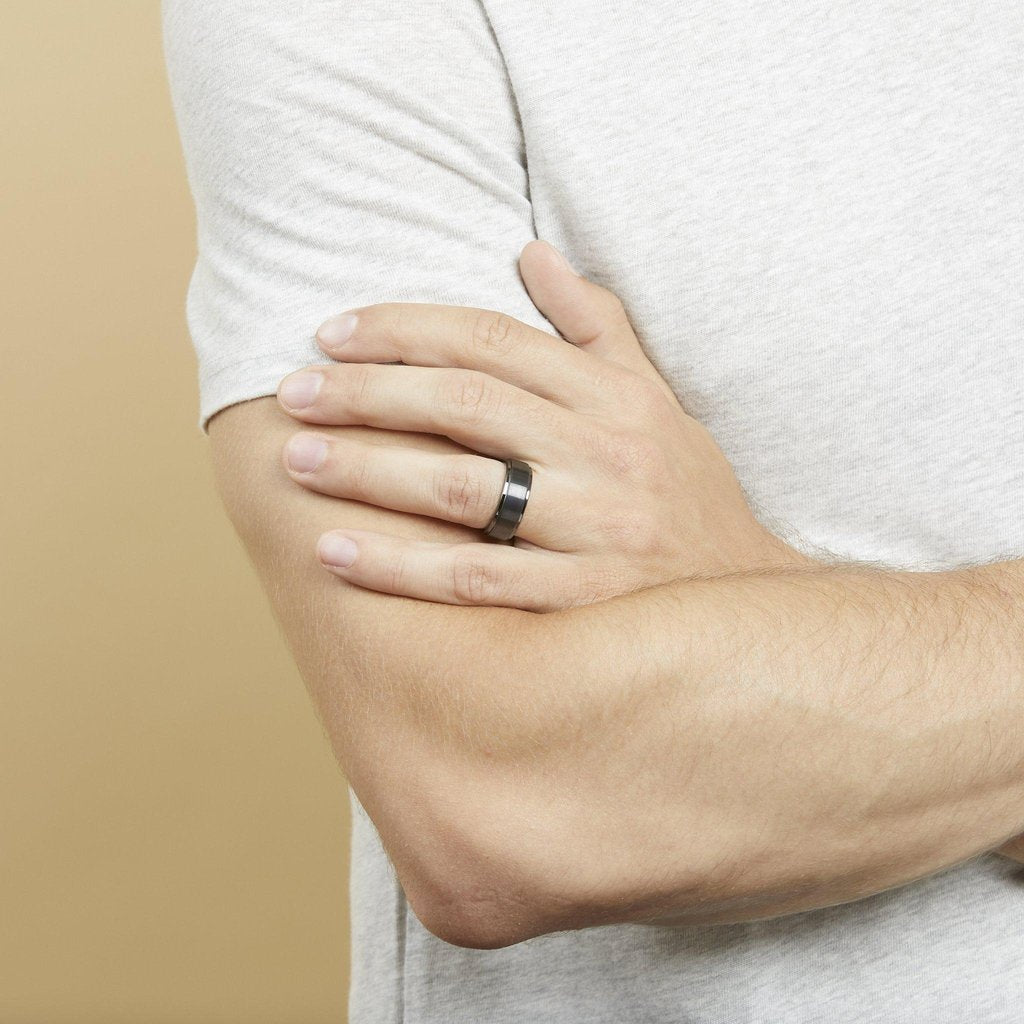 mens black ceramic wedding band with step down edges 8mm