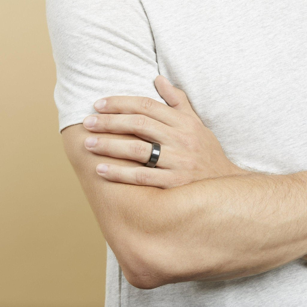 mens black ceramic wedding band with beveled edges 8mm