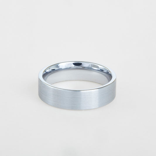 mens tungsten wedding band with flat profile and brushed finish 6mm