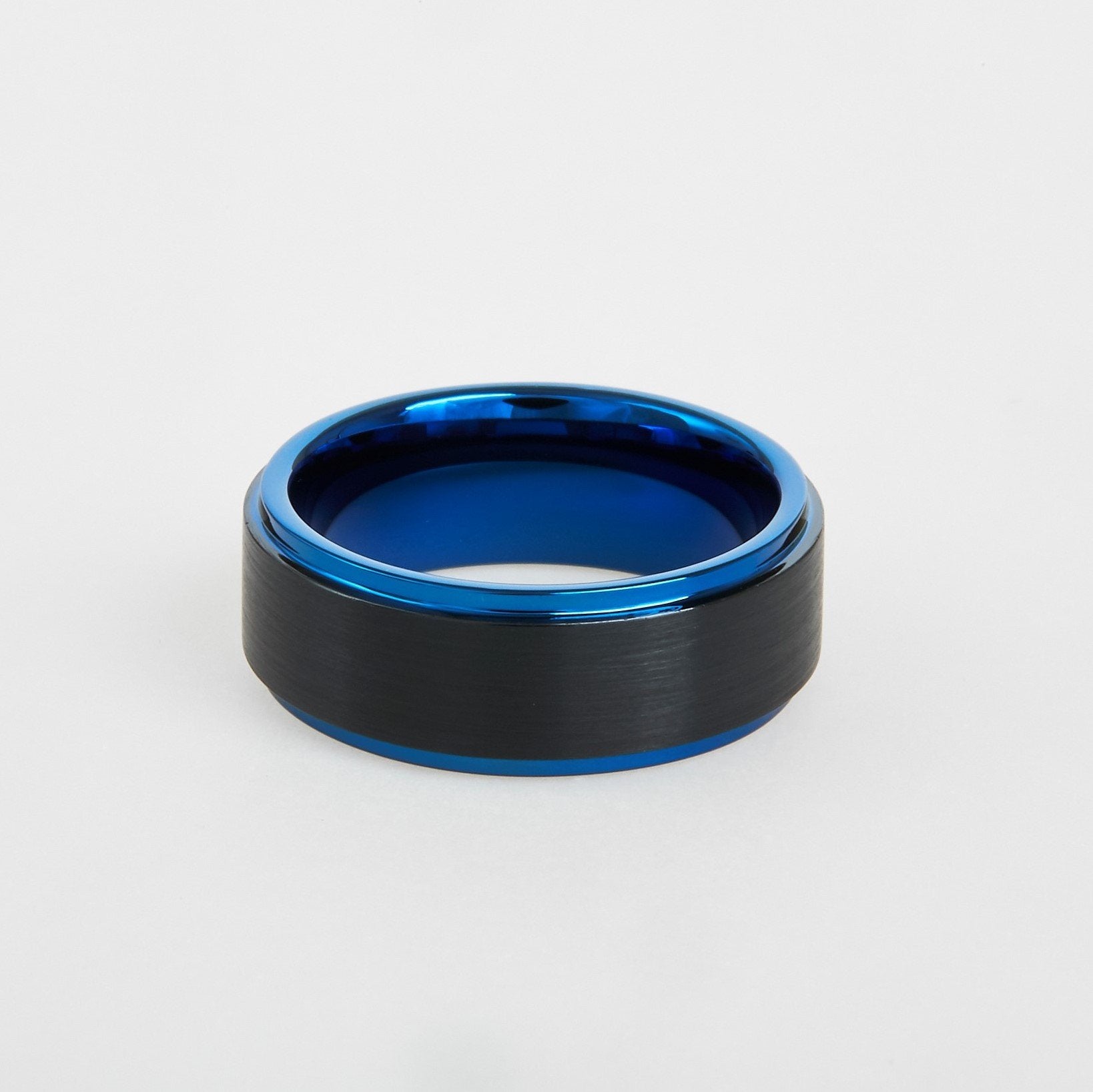 mens black and blue tungsten edge wedding band 8mm