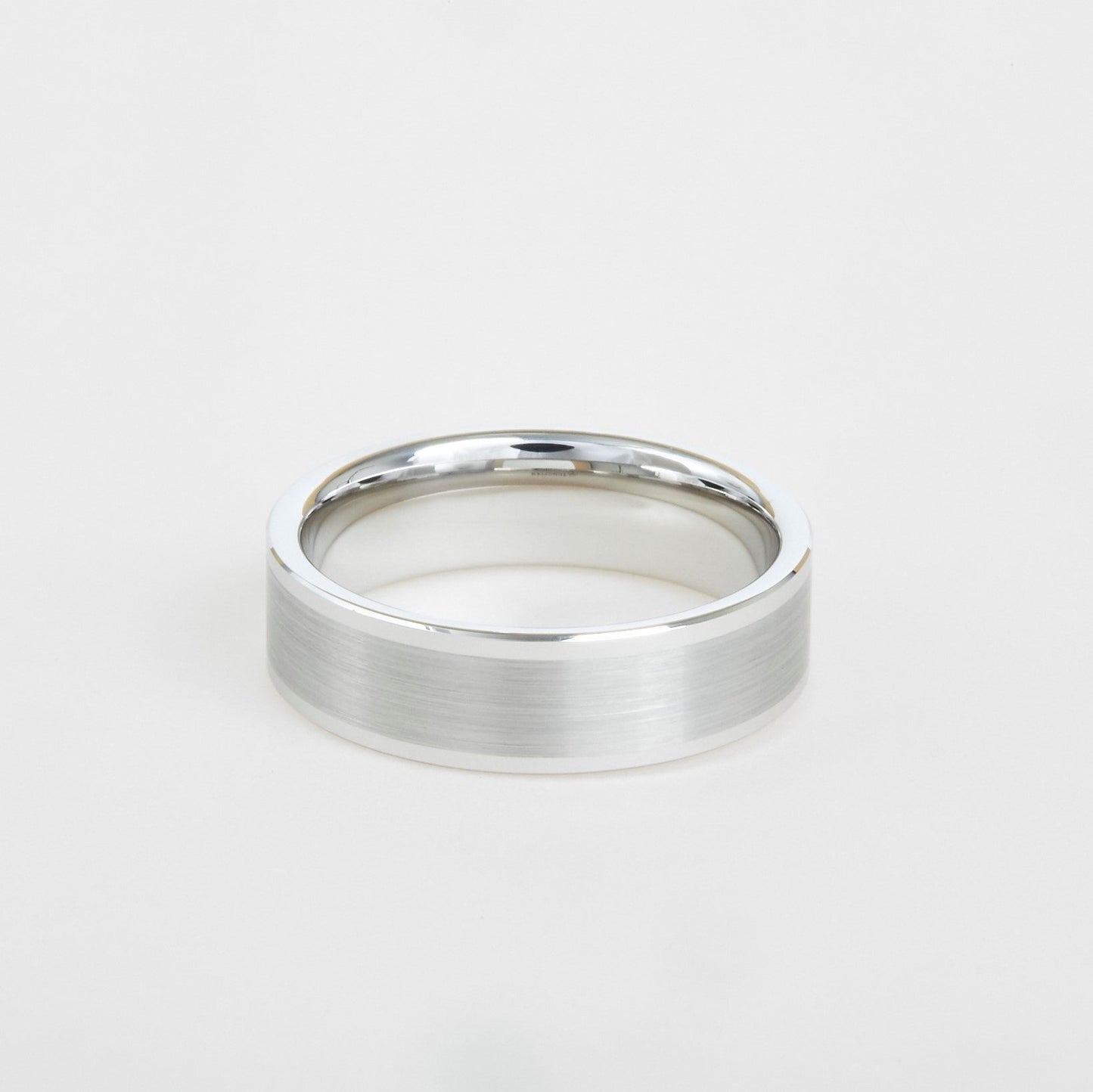 mens white tungsten wedding band with flat profile, satin center 8mm