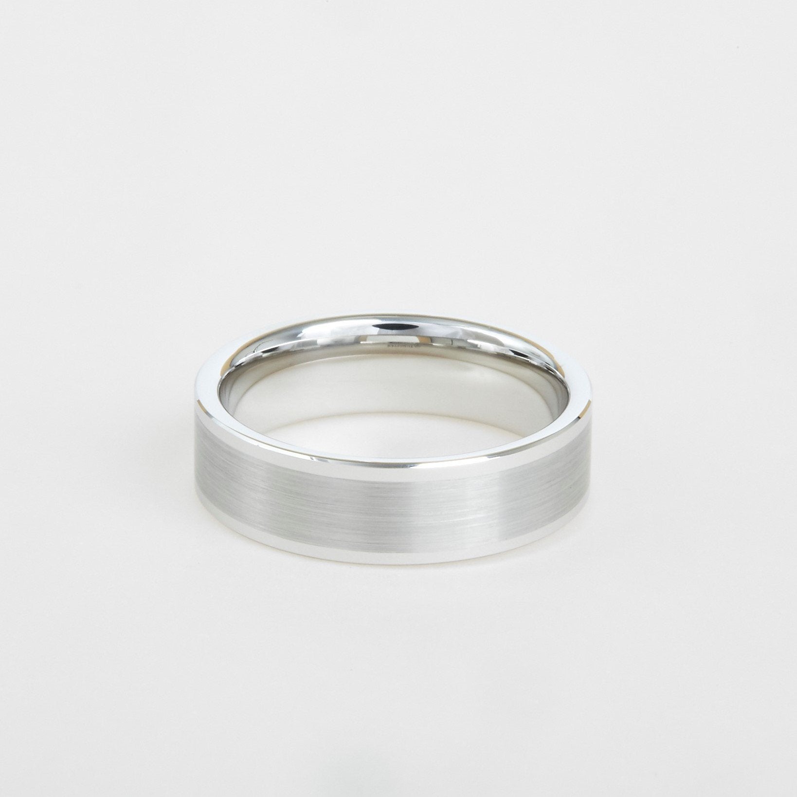 mens white tungsten wedding band with flat profile, satin center 8mm
