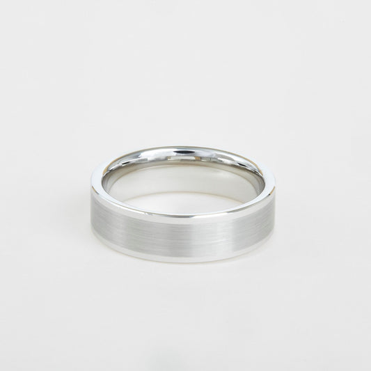 mens white tungsten wedding band with flat profile, satin center 8mm