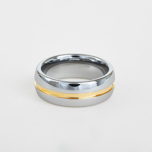 mens white tungsten wedding band with gold center line 8mm