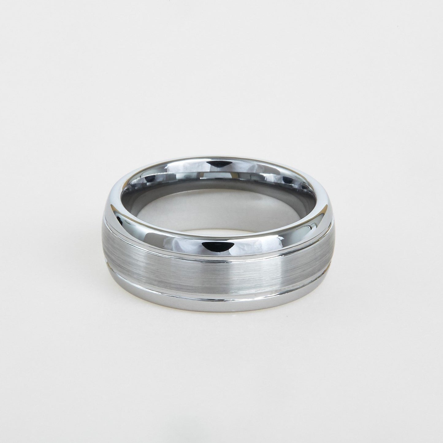 mens white tungsten wedding band with dome profile, double groove 8mm