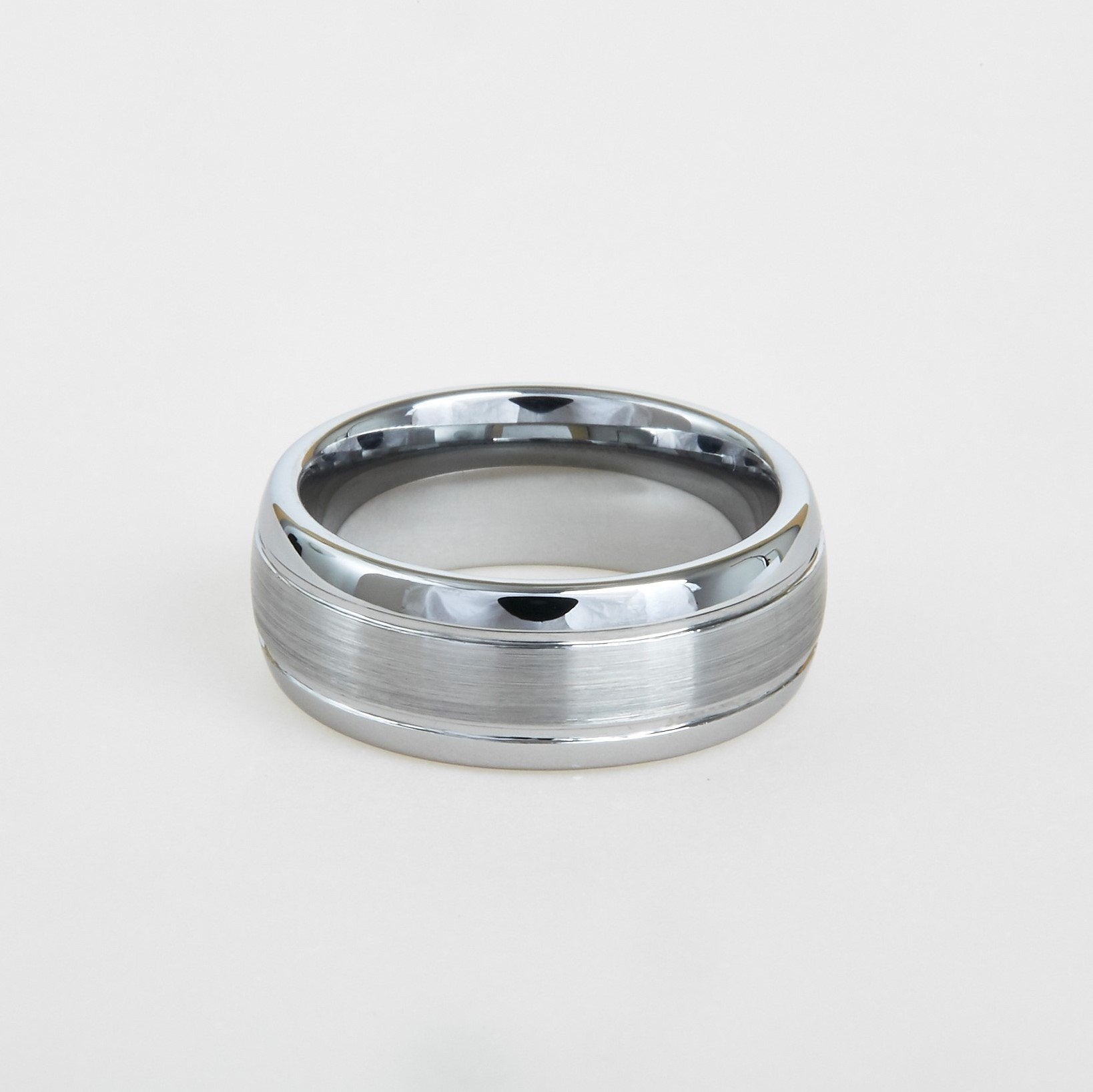 mens white tungsten wedding band with dome profile, double groove 8mm