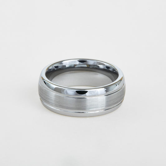 mens white tungsten wedding band with dome profile, double groove 8mm