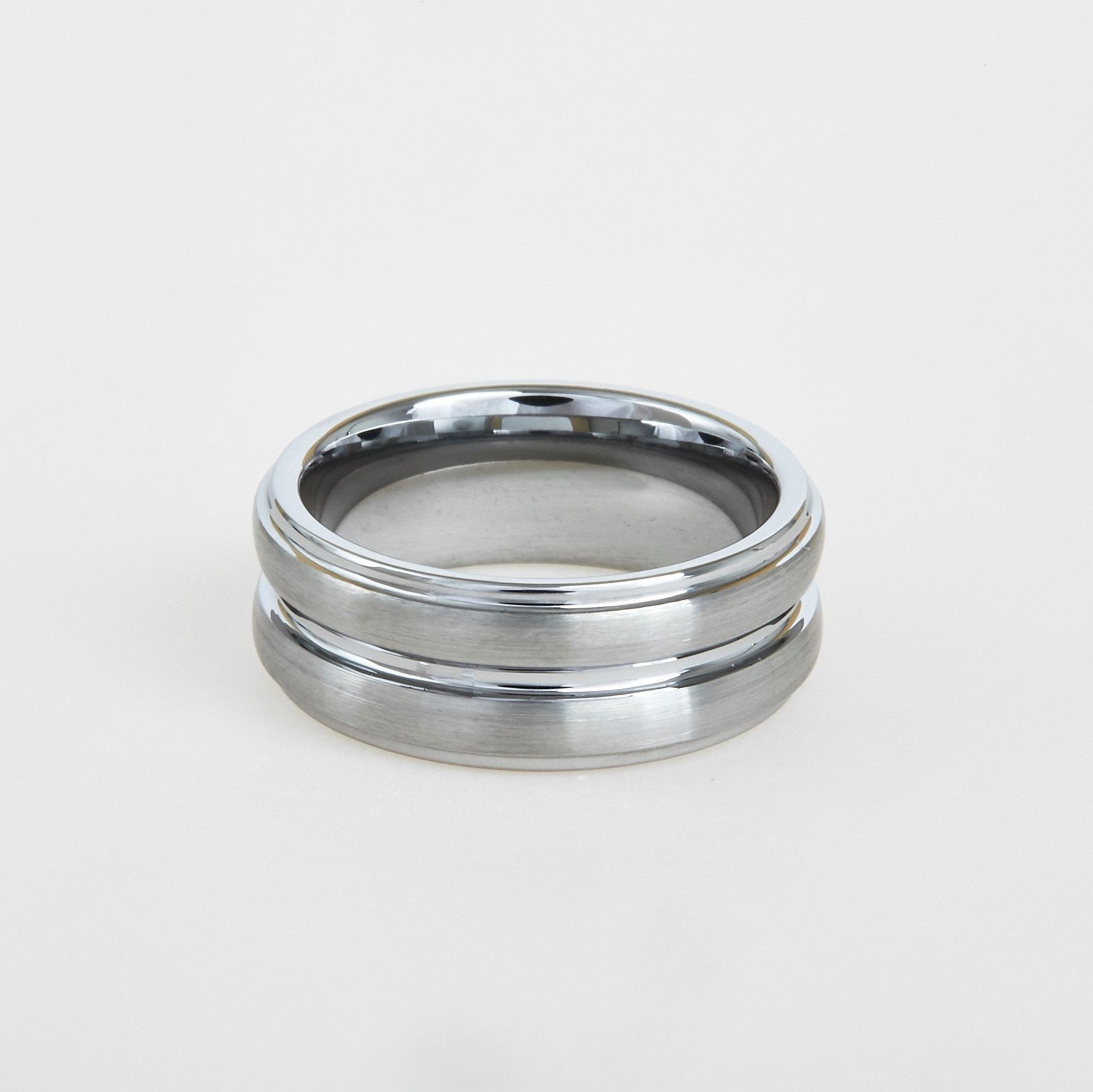 mens white tungsten wedding band with step down edges and deep center groove 8mm