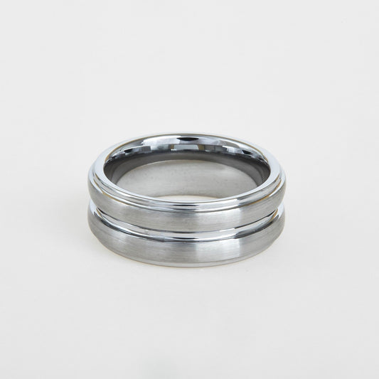 mens white tungsten wedding band with step down edges and deep center groove 8mm