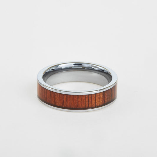 mens white tungsten wedding band with koa wood inlay 6mm
