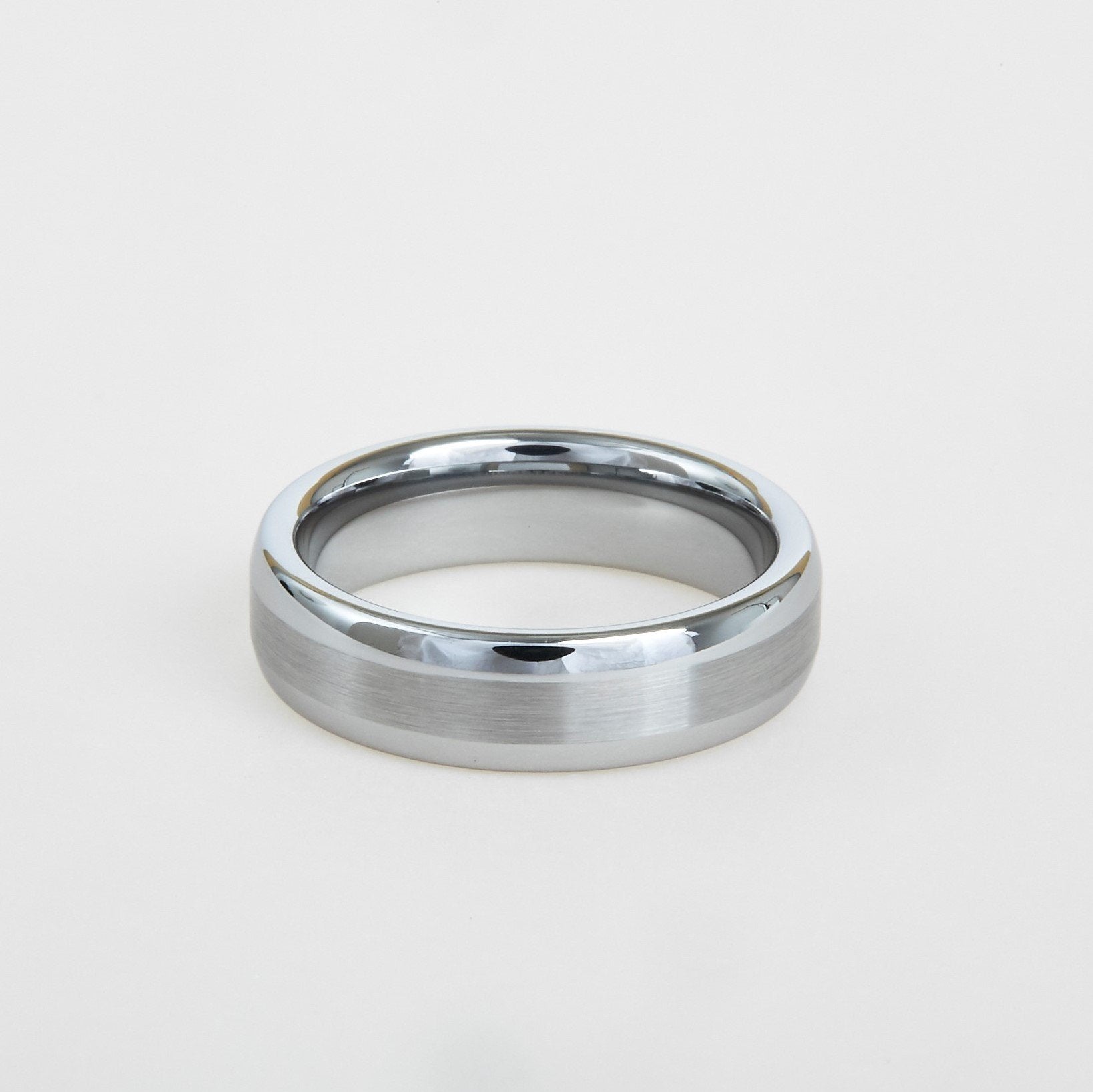 mens white tungsten wedding band with dome profile, satin center 6mm