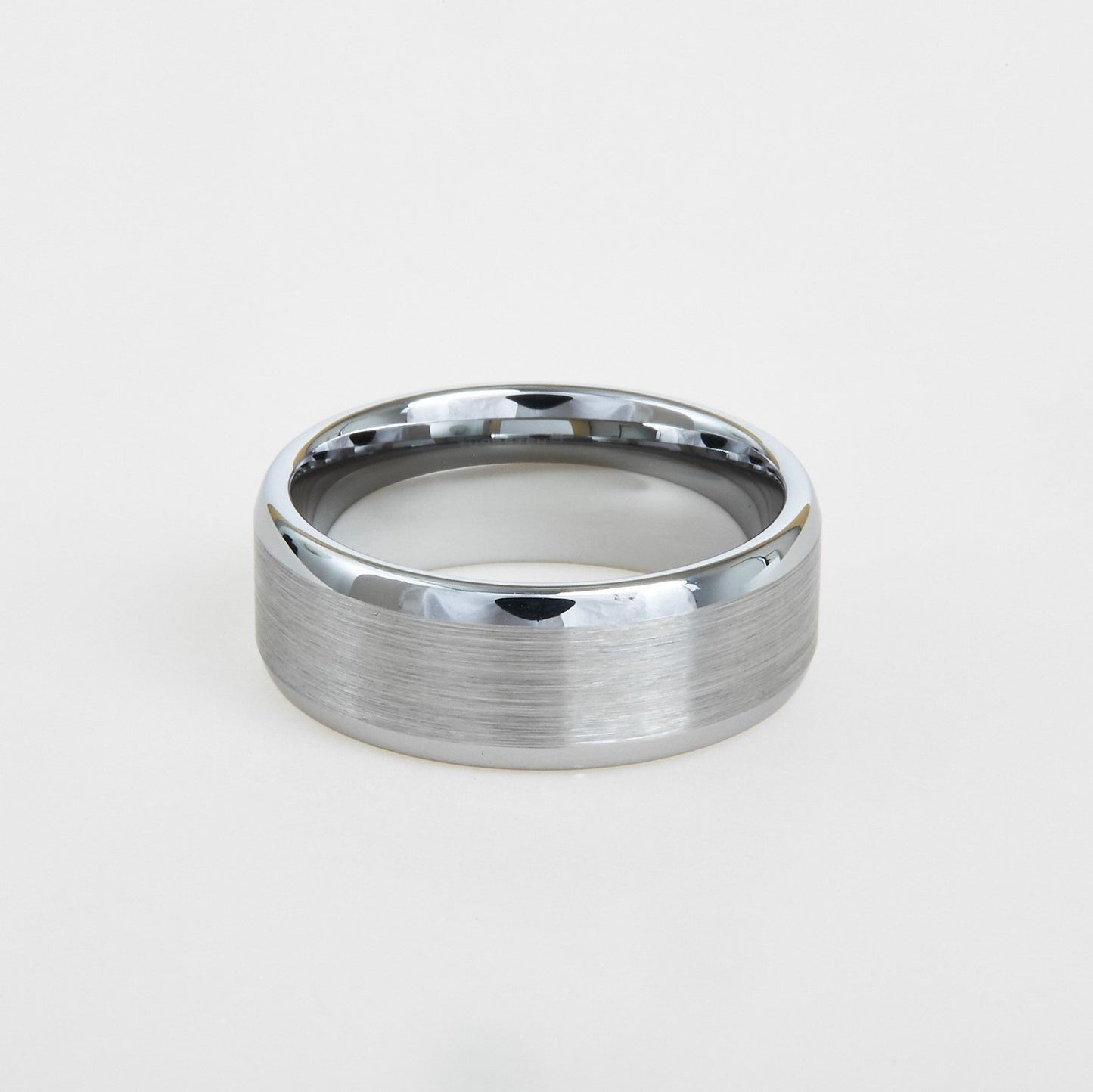 mens white tungsten wedding band with dome profile, satin center 8mm