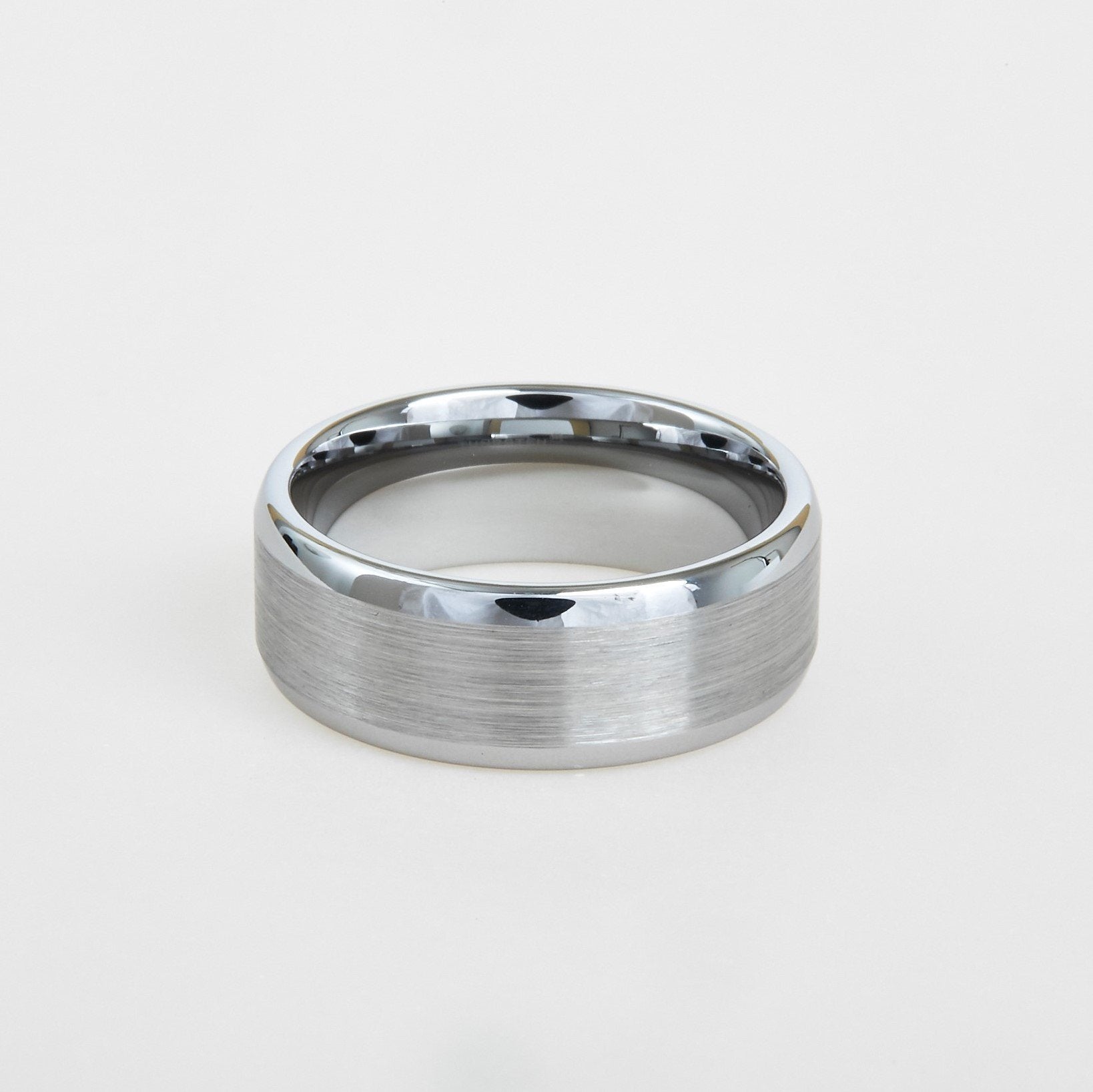 mens white tungsten wedding band with dome profile, satin center 8mm