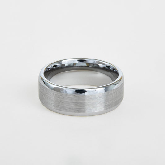 mens white tungsten wedding band with dome profile, satin center 8mm