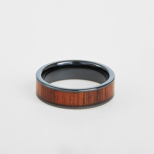 mens black ceramic wedding band with koa wood inlay 6mm