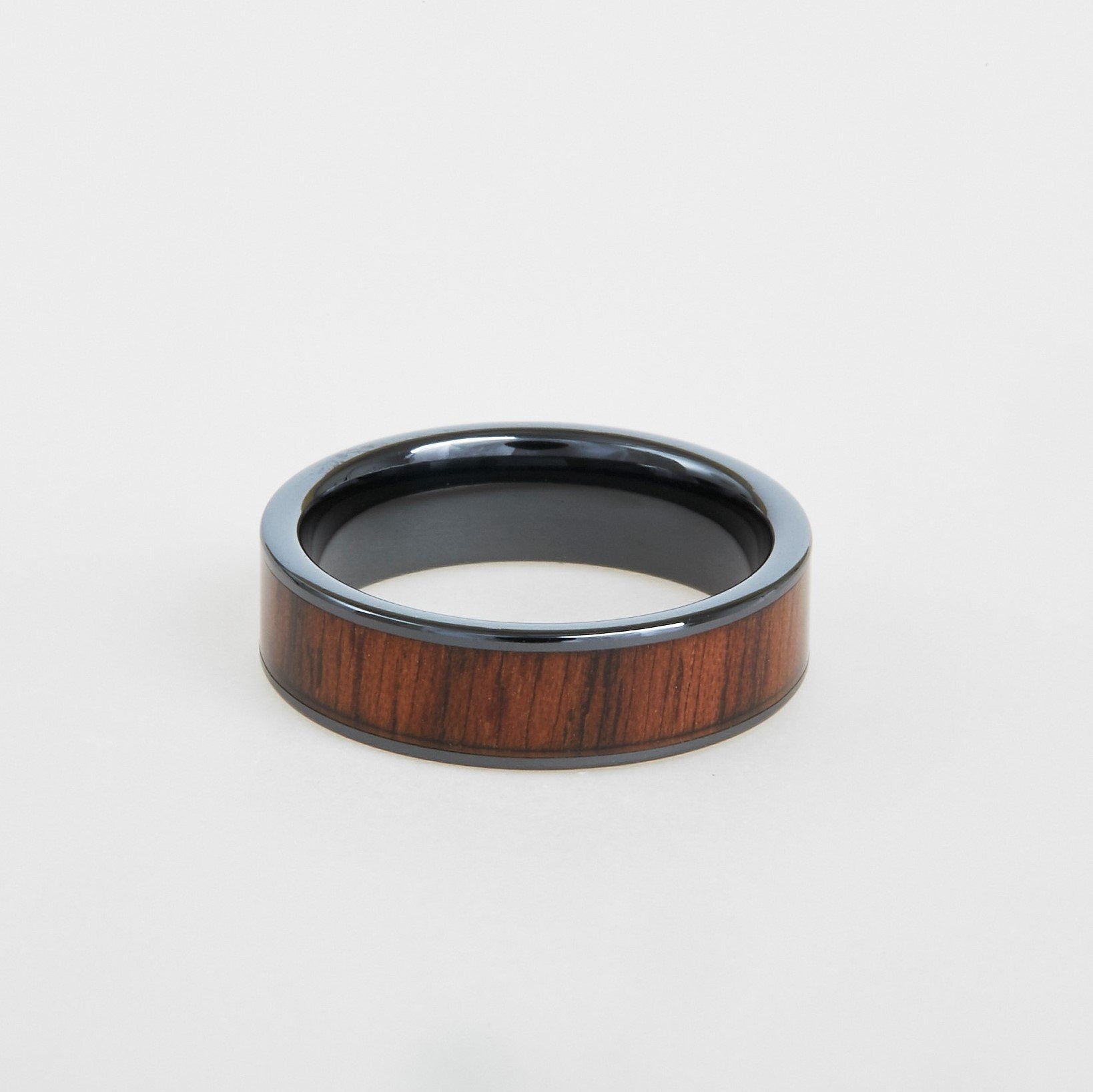 mens black ceramic wedding band with walnut wood inlay 6mm