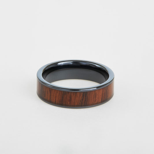 mens black ceramic wedding band with walnut wood inlay 6mm